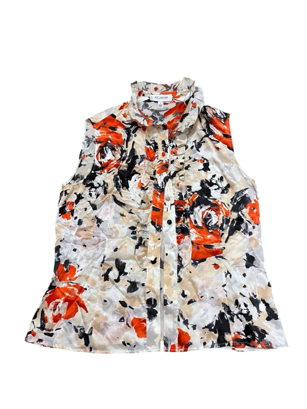 St. John Sleeveless Ruffle Front Floral Blouse — Cream, Orange, Black. Sz 12